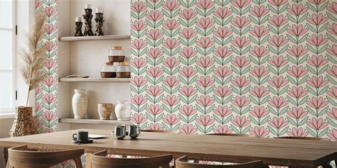 Retro Floral Pink and Green Wallpaper