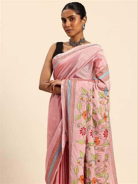 ArtEastri Light Pink Art Silk Kantha Stitch Saree With Blouse Piece ...