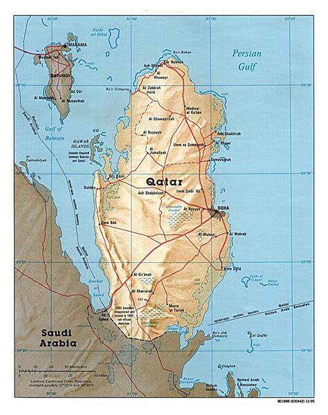 Detailed political map of Qatar with relief, roads and cities - 1995 | Qatar | Asia | Mapsland ...