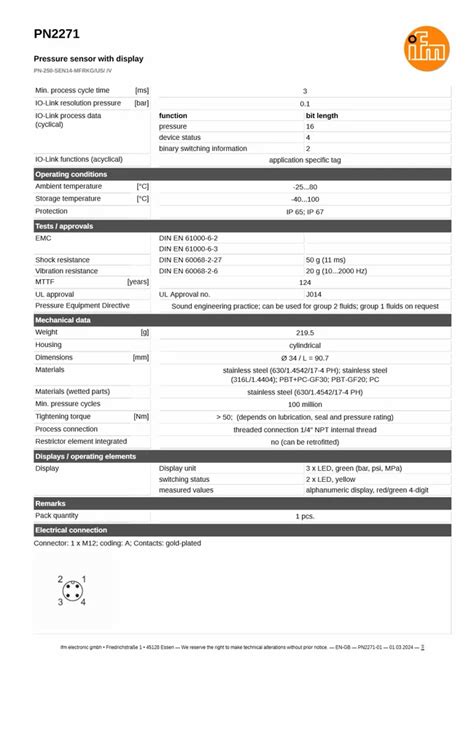 IFM PRESSURE SENSOR - IFM PN2294 PN-010-REN14-MFRKG/US/ /V Pressure ...