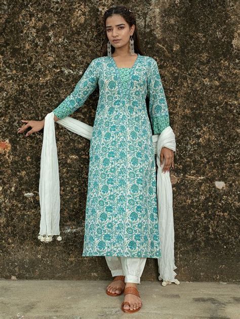 Buy Off White Green Hand Block Printed Chanderi Kurta with Cotton Pants ...