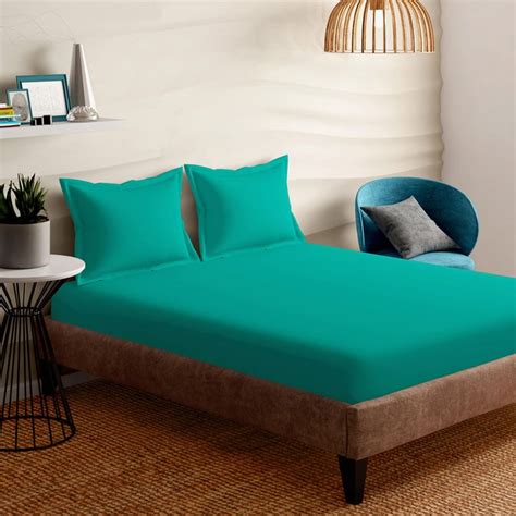 Buy PORTICO Shades Teal Solid Cotton Fitted King Size Bedsheet Set ...
