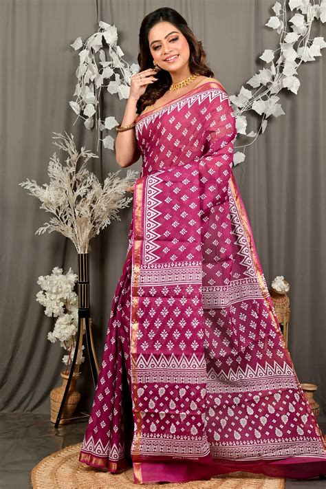 Purpel Pure Cotton Febasi Batik Print Saree (3022) | PuJoy Fashion