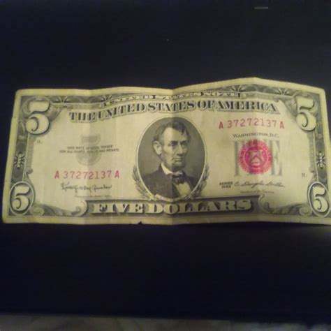 1963 Five Dollar Bill with Red seal and Red serial number | Dollar bill ...