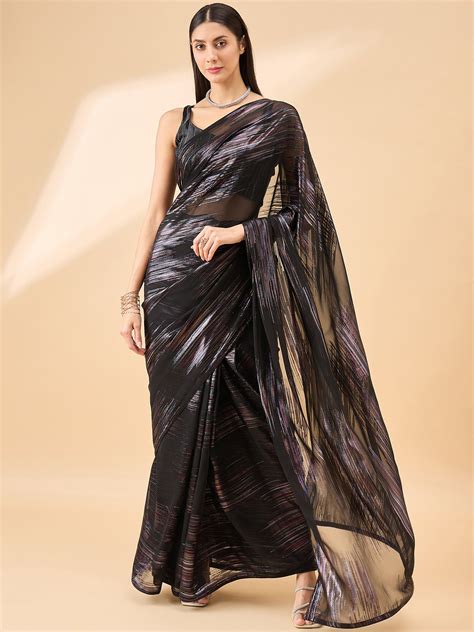 Black Pure Chiffon Jari Line Work Ready to Wear Saree with Unstitched ...
