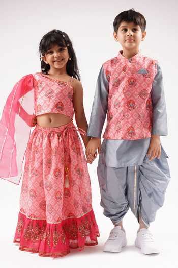 Buy Pink Chanderi, Linen, Cotton Gota Patti, Floral Print Frilled ...