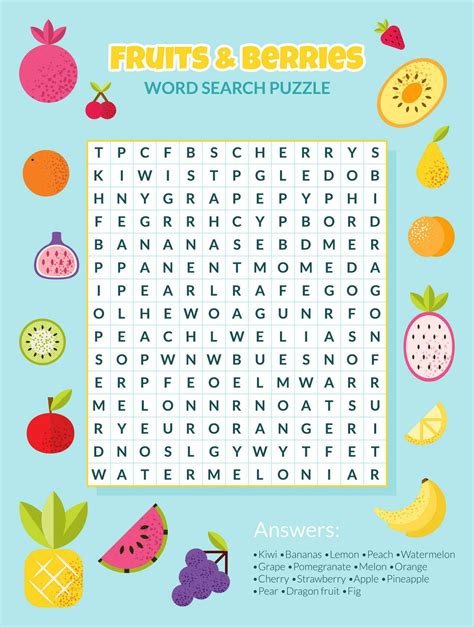 Word search puzzle with tropical fruits and berries. Education game for ...