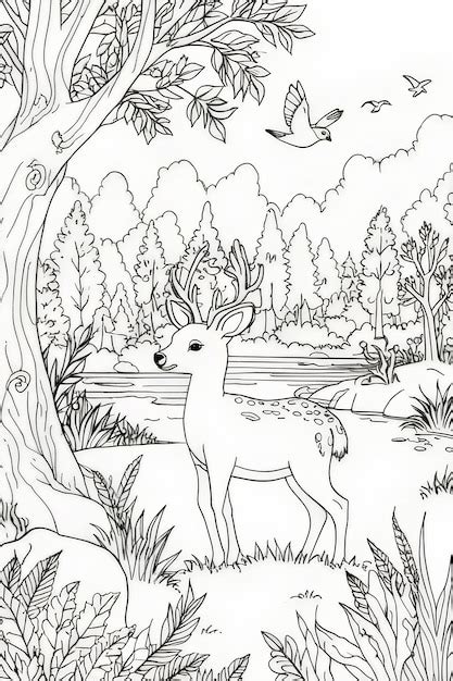 Peaceful forest scene coloring page with deer rabbit bird and fox ...