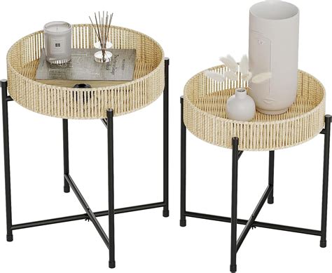 Rattan Coffee Table Round Boho Side Table for Living Room End Tables ...