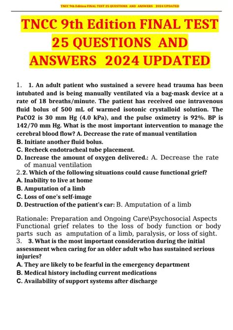 TNCC 9th Edition FINAL TEST 25 QUESTIONS AND ANSWERS 2024 UPDATED ...