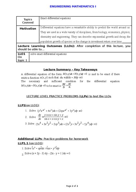 Exact differential equations - ENGINEERING MATHEMATICS I Topics Covered ...