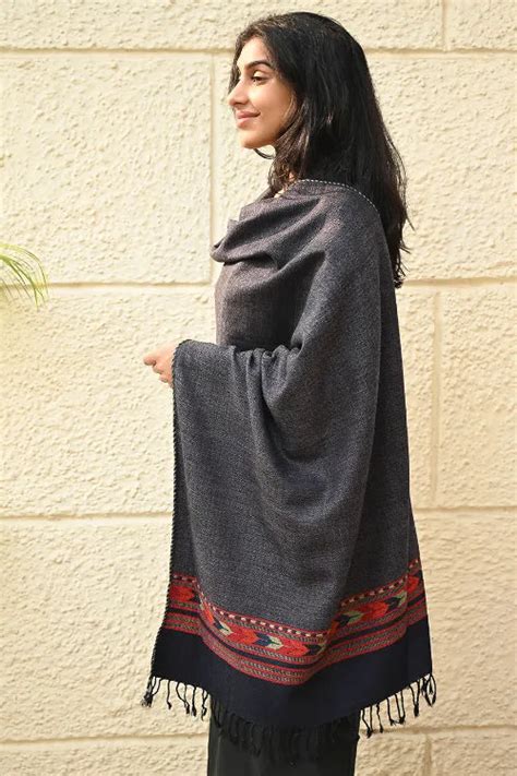 The ICH Exclusive Soft Himachal Wool Stole With Woven Border - Smoky T ...