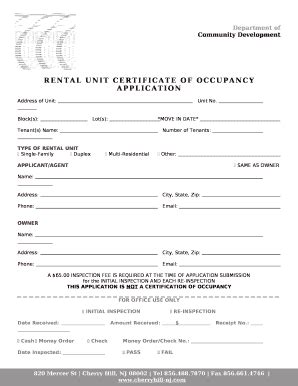 Rental Unit Certificate of Occupancy Application - Blank Fillable ...