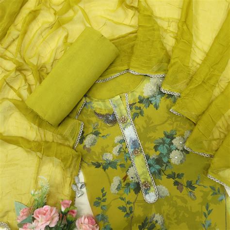 Mukhtasar Lime Green Printed Organza Top With Chiffon Dupatta ...