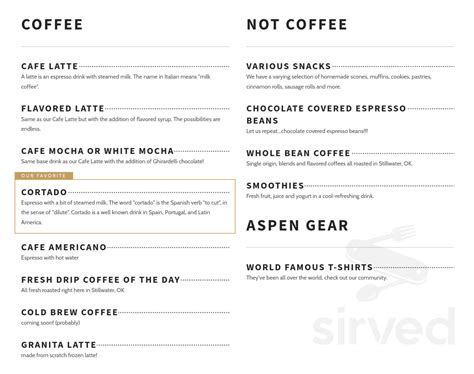 Menu - Stillwater OK's Aspen Coffee at Fountain Square | Sirved