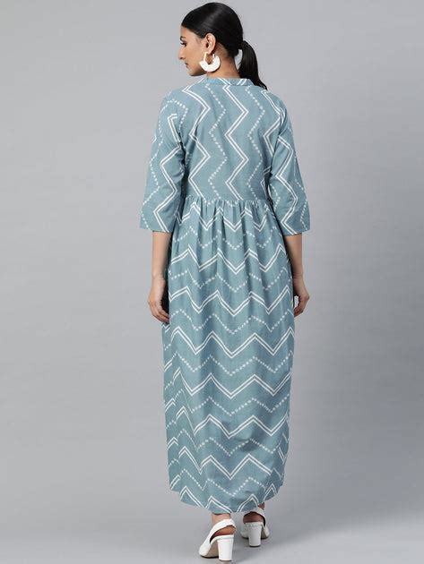 Women Blue Geometric Printed Mandarin Collar Cotton A-Line Dress – Nayo ...
