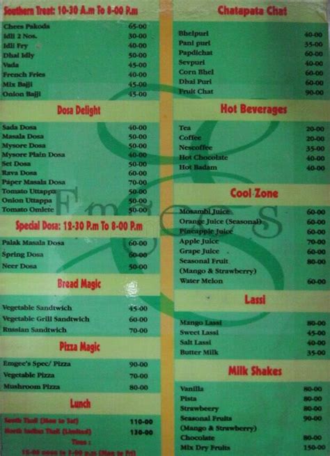 Menu at Emgee's Veg Restaurant, Bengaluru, Shrungar Shopping Centre