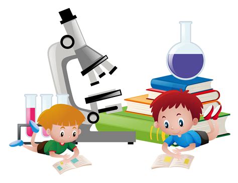 Two boys reading books and science equipments in background 369463 ...