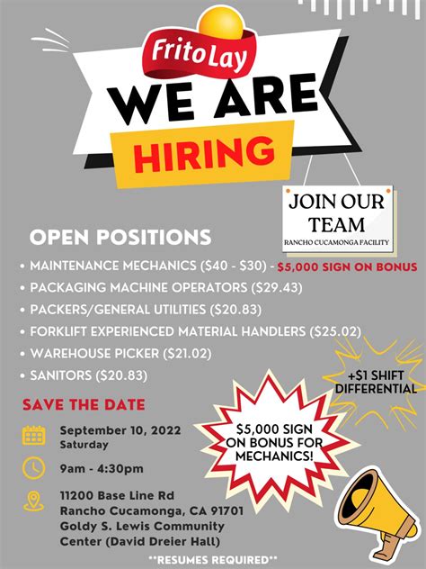 Frito-Lay Rancho Cucamonga is hiring, please visit us at our in person hiring event on Saturday ...