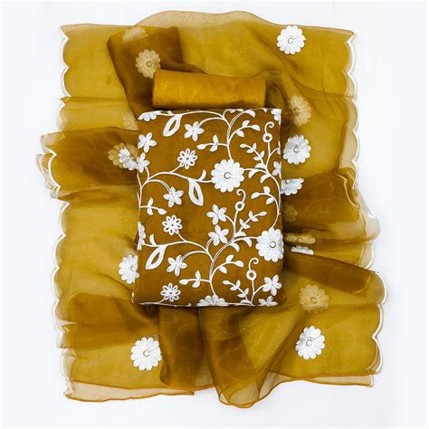 Mustard Floral Embroidered Organza Dress Material