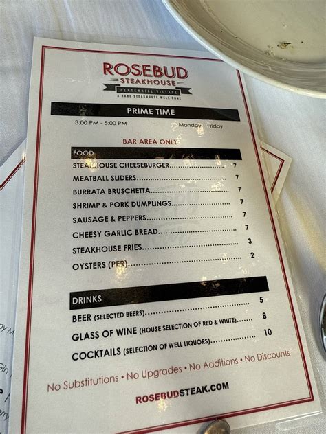 Menu at Rosebud Steakhouse Centennial Village, Munster