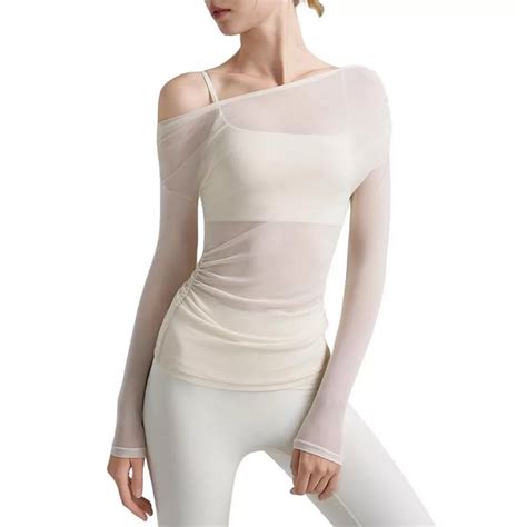 Women's Sheer One-Shoulder Yoga Top Ruched Mesh Long Sleeve Workout ...