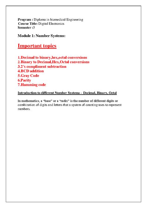 Digital Electronics (Semester 3) - Module 1: Number Systems Overview ...