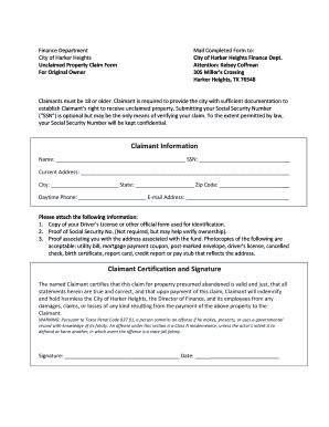 Fillable Online Claim Form for Individuals - City of Harker Heights Fax ...