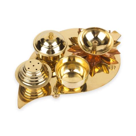 Brass Pooja Thali | Leaf-Shape Brass Pooja Thali Set Combo with ...