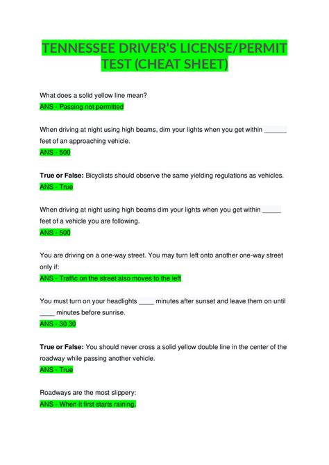 TENNESSEE DRIVER’S LICENSE/PERMIT TEST (CHEAT SHEET) for 2025 | Exams ...