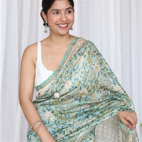 Shubhra : Mint Sanganeri Handblock Chanderi Saree – Gray and Green Store