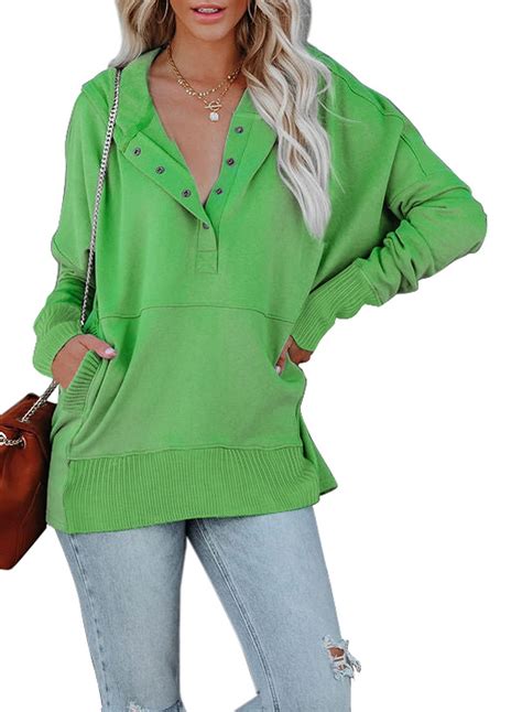 Sidefeel Women Button V Neck Hoodies Casual Oversized Pullover ...
