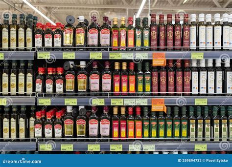 Olive Oil of Different Brands in a Grocery Store. Minsk, Belarus, 2022 ...
