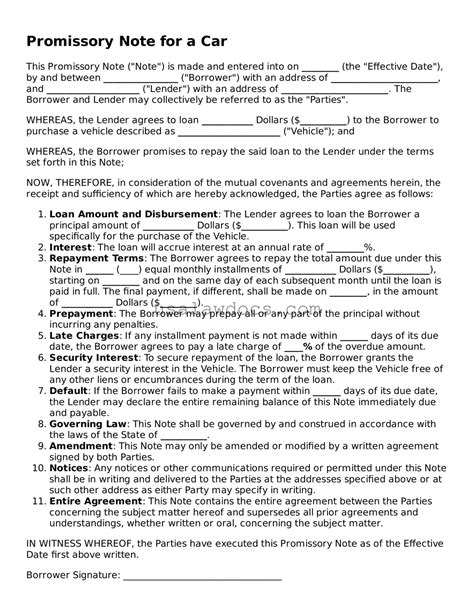 Free Promissory Note for a Car Template ᐈ Simple PDF Form