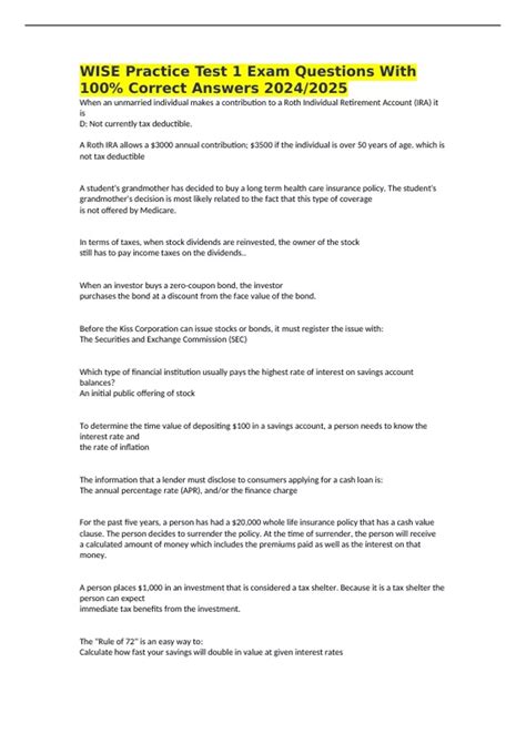 WISE Practice Test 1 Exam Questions With 100% Correct Answers 2024/2025 ...