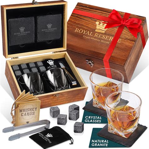 Whisky Gift Set – Whisky Glass Set of 2, Stones, Coasters & Wooden Box ...