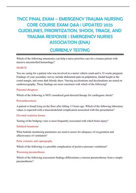 TNCC FINAL EXAM – EMERGENCY TRAUMA NURSING CORE COURSE EXAM Q&A ...