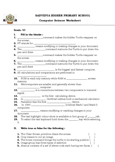 SADVIDYA HIGHER PRIMARY SCHOOL Computer Science Worksheet Grade I - Studocu
