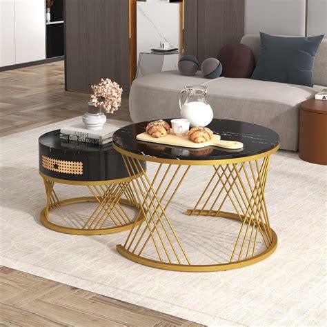 2-in-1 Round Coffee Table with Rattan Drawers and Gold Iron Legs, Marb ...