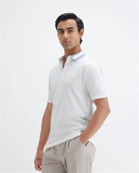 Rare Rabbit Men's Divide White Cotton Fabric Striped Collar Half Sleev