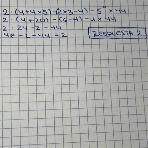 [tex]2 times (4 + 4 times 5) - (2 times 3 - 4) - {5}^{0} times 44 ...