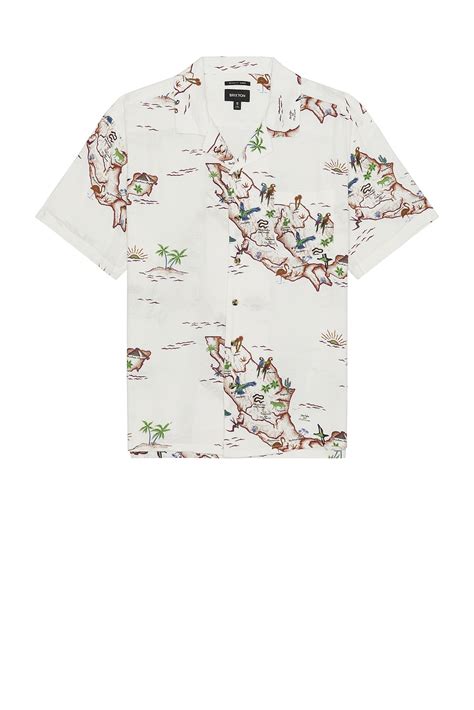 Brixton Bunker Slub Short Sleeve Camp Collar Shirt in Off White & Map ...