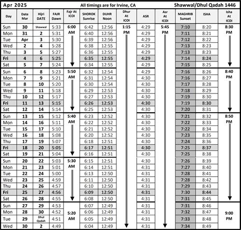 Monthly Prayer Times - Islamic Center Of Irvine