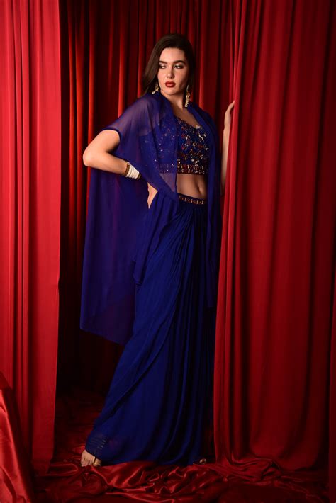 BLUE EMBROIDERED CROP TOP WITH DHOTI SKIRT AND CAPE – Laalzari