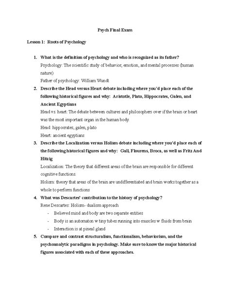 Psych Final Exam Study Guide - Psych Final Exam Lesson 1: Roots of ...
