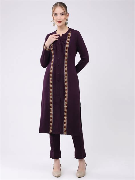 Buy Women Purple Self Design Round Neck Full Sleeve Kurti Set for ...