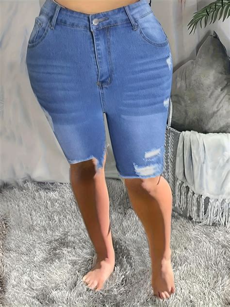 Plus-Size Women's High- Stretchy Ripped Denim Shorts with Raw Hem ...