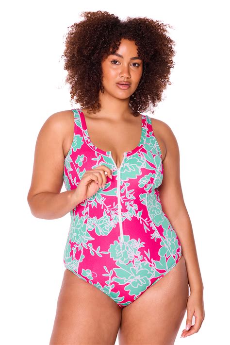 Strawberry Fields One Piece Zip Front Swimsuit - Genevieve Swimwear