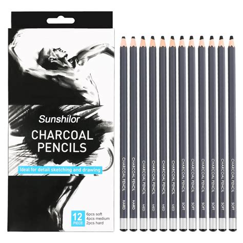 Sunshilor Professional Charcoal Pencils Drawing Set - 12 Pieces Soft ...