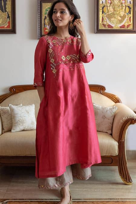 Buy Red Silk Chanderi Embroidery Gota Patti Round Neck And Resham Kurta ...